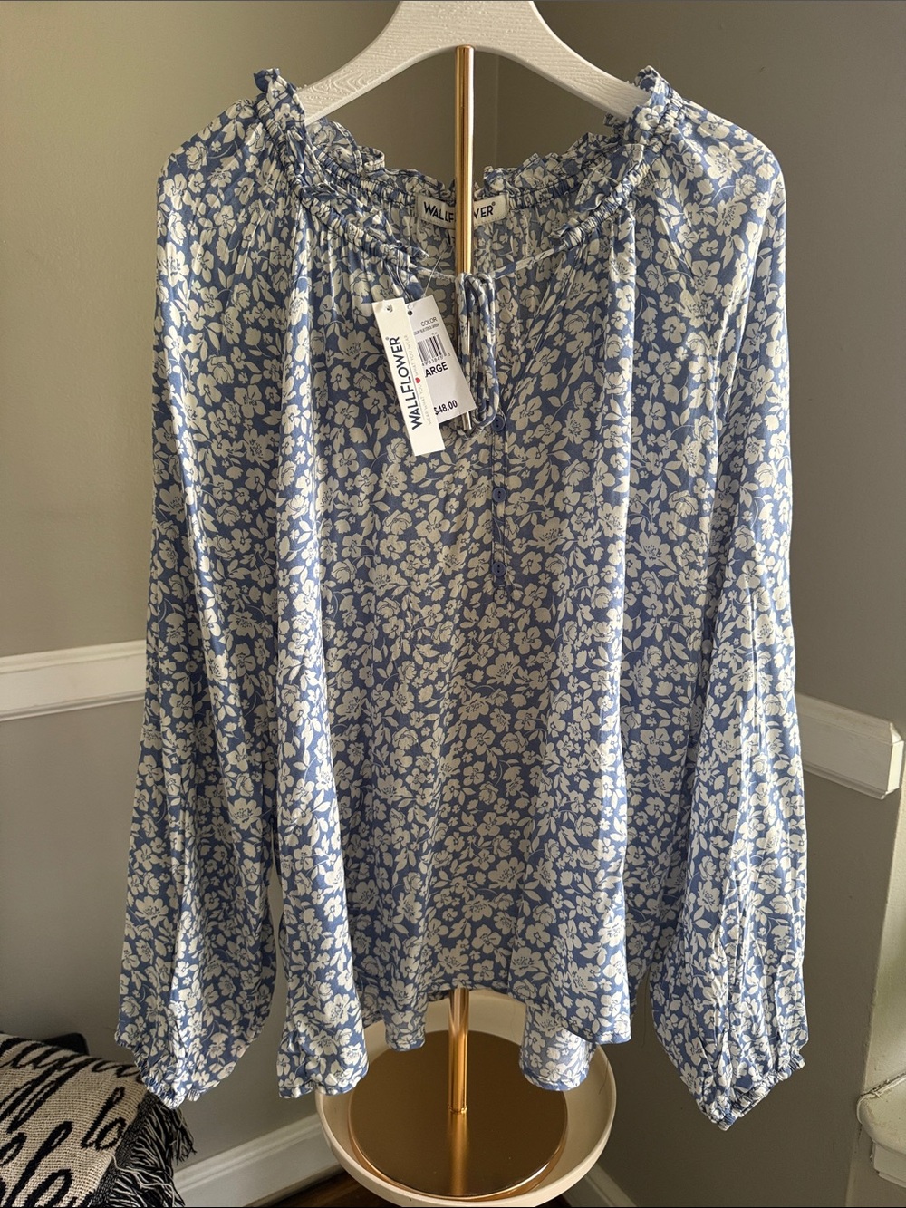 Wallflower denim Blue and White Floral Smocked-Neck Blouse